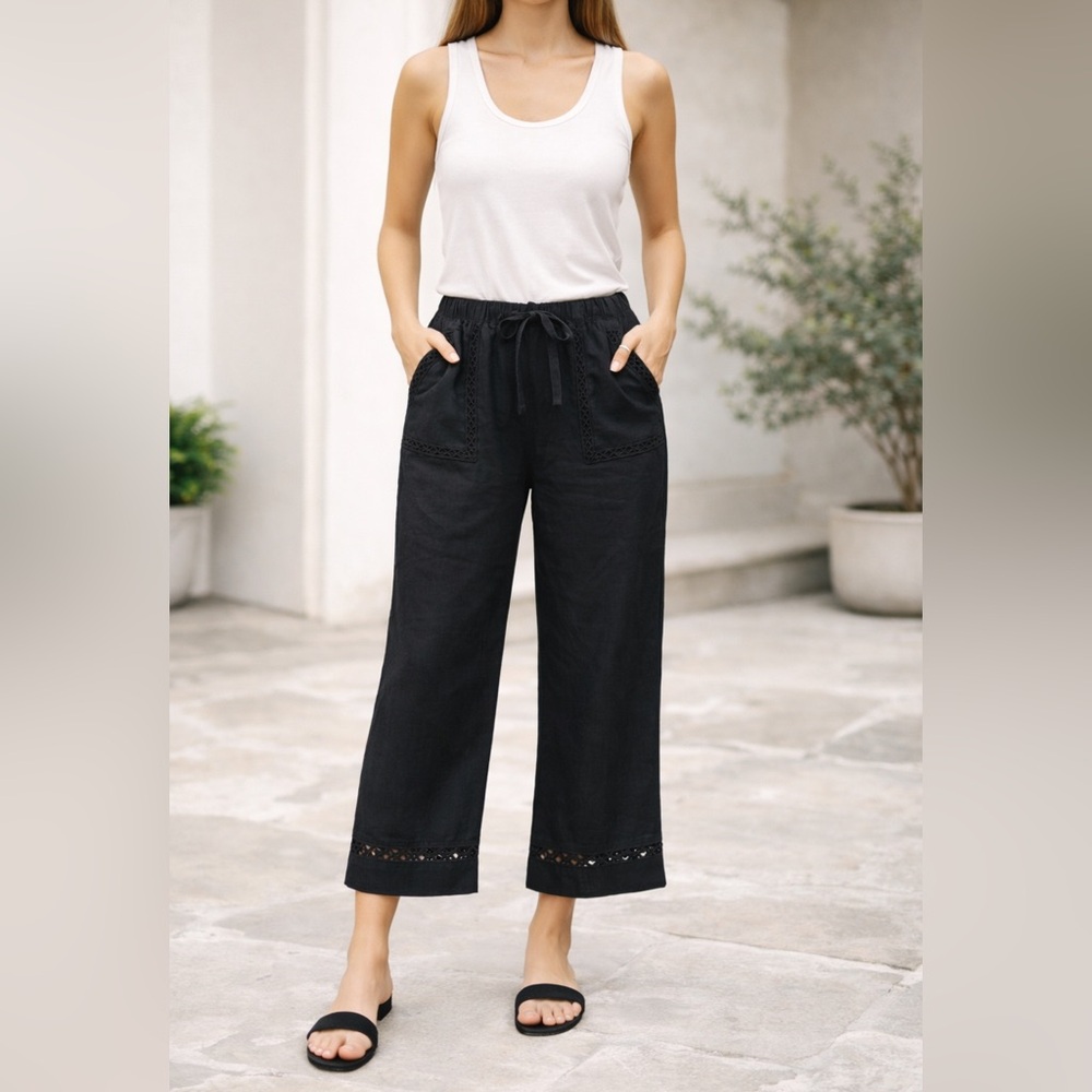 Joie Black 100% Linen Embroidered Wide-Leg Pants Size XL